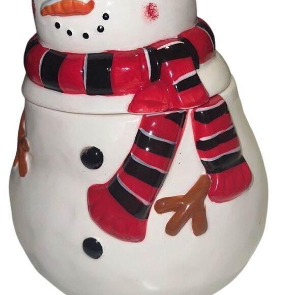 Pier 1 Import Ceramic Snowman with Scarf Christmas Hand Painted Cookie Jar - Picture 4 of 12